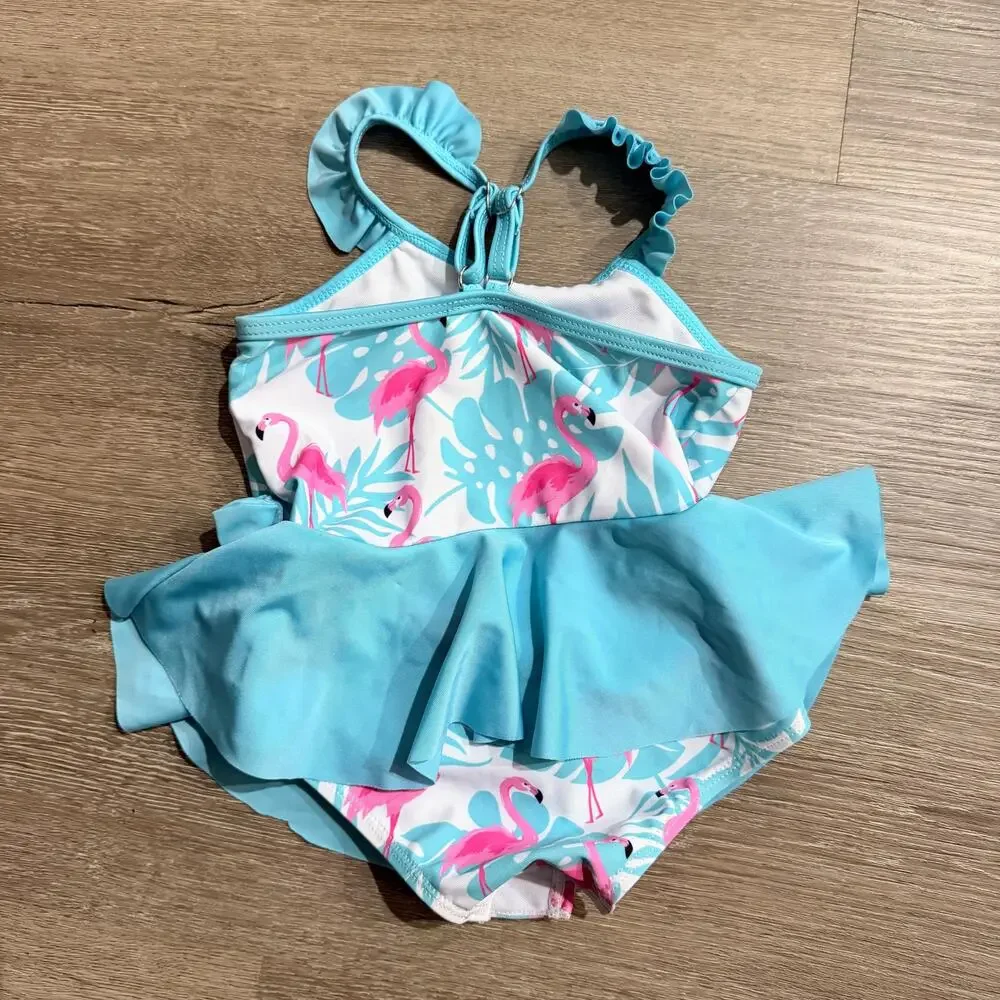 Flamingo Swimsuit Baby Blue Pink One Piece Skirt 12-18 Months